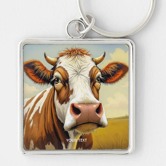 Fantasy Cute Cow Field Clouds Keychain (Front)