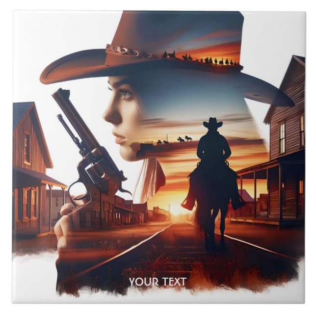 Fantasy Cute Cowgirl Cowboy Town Ceramic Tile (Front)