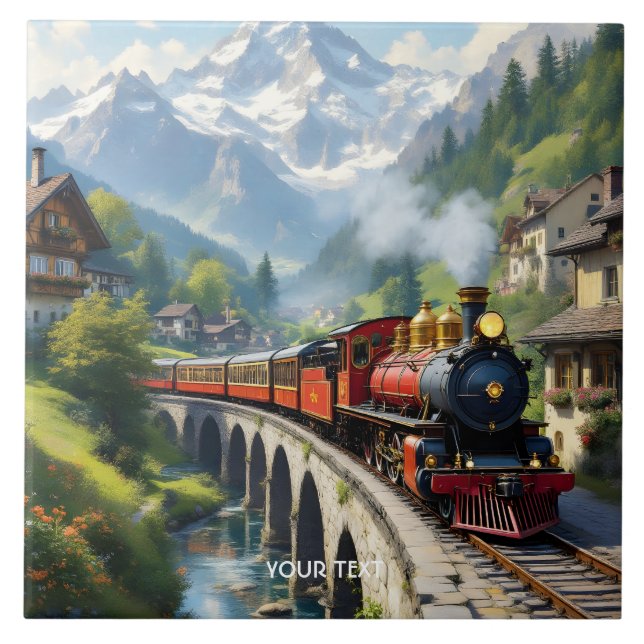 Fantasy Cute Crimson Antique Train Ceramic Tile (Front)