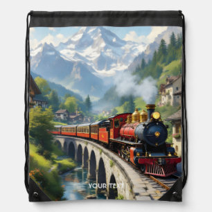 Fantasy Cute Crimson Antique Train Drawstring Bag