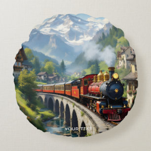 Fantasy Cute Crimson Antique Train Round Pillow