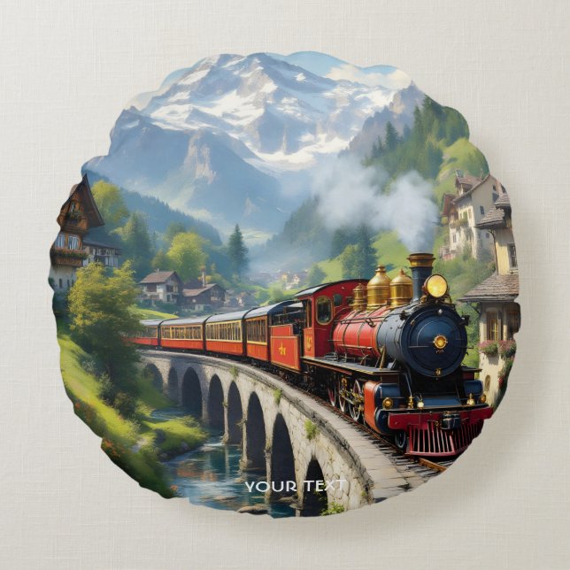 Fantasy Cute Crimson Antique Train Round Pillow (Front)