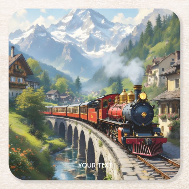 Fantasy Cute Crimson Antique Train Square Paper Coaster (Front)