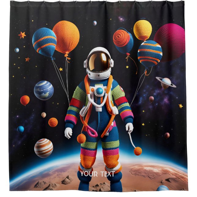 Fantasy Cute Crochet Astronaut Space Shower Curtain (Front)