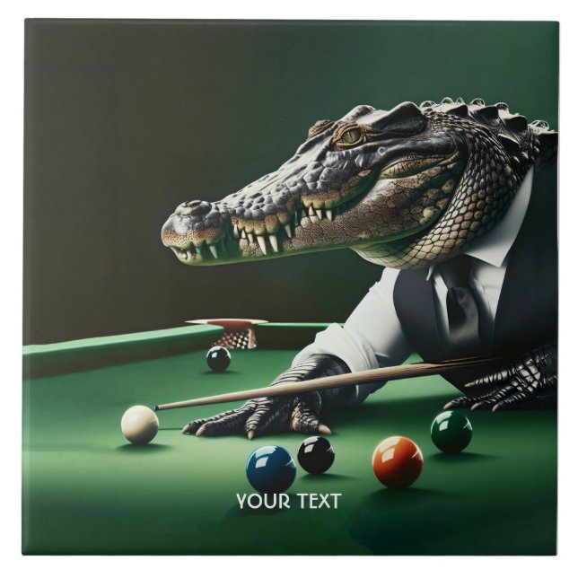 Fantasy Cute Crocodile Playing Billiard  Ceramic Tile (Front)