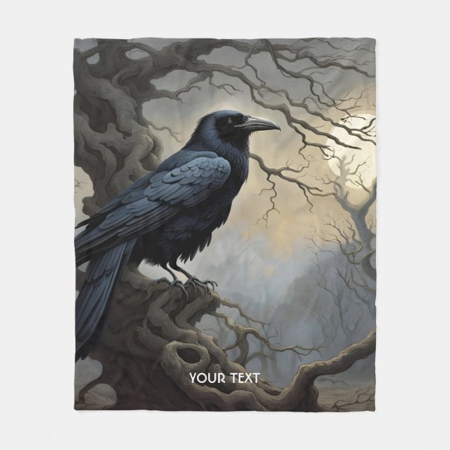 Fantasy Cute Crow Tree Darkness Fleece Blanket (Front)