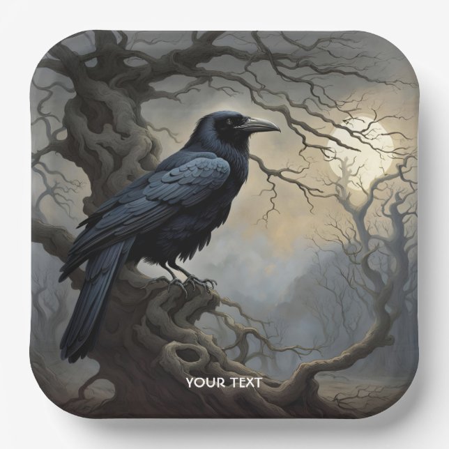 Fantasy Cute Crow Tree Darkness Paper Plates (Front)