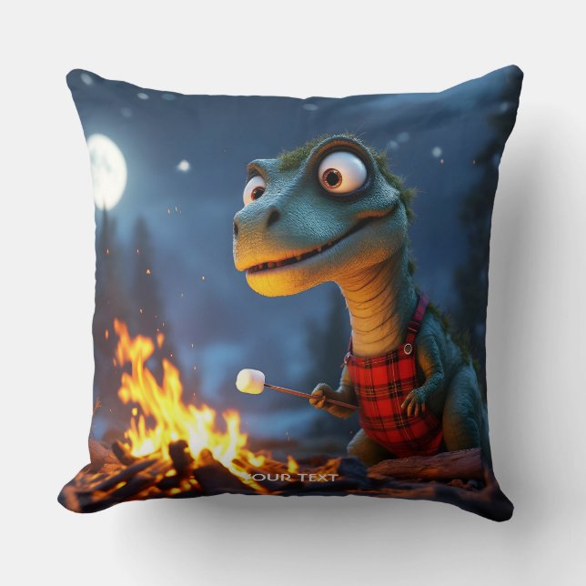 Fantasy Cute Dino Campfire Moon Throw Pillow (Front)