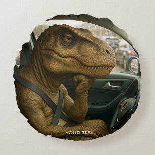 Fantasy Cute Dinosaur Driving Car Round Pillow