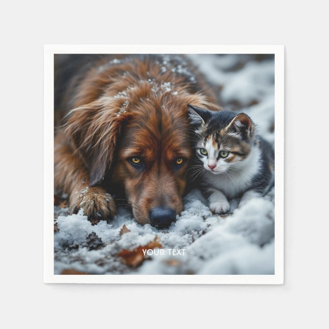 Fantasy Cute Dog Cat Snow Napkins (Front)