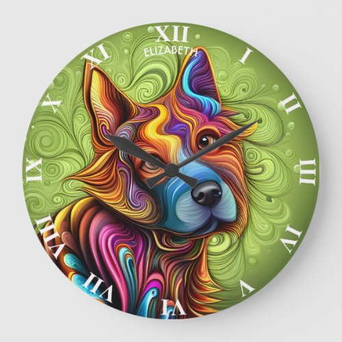Fantasy Cute Dog Pup Abstract Style Large Clock