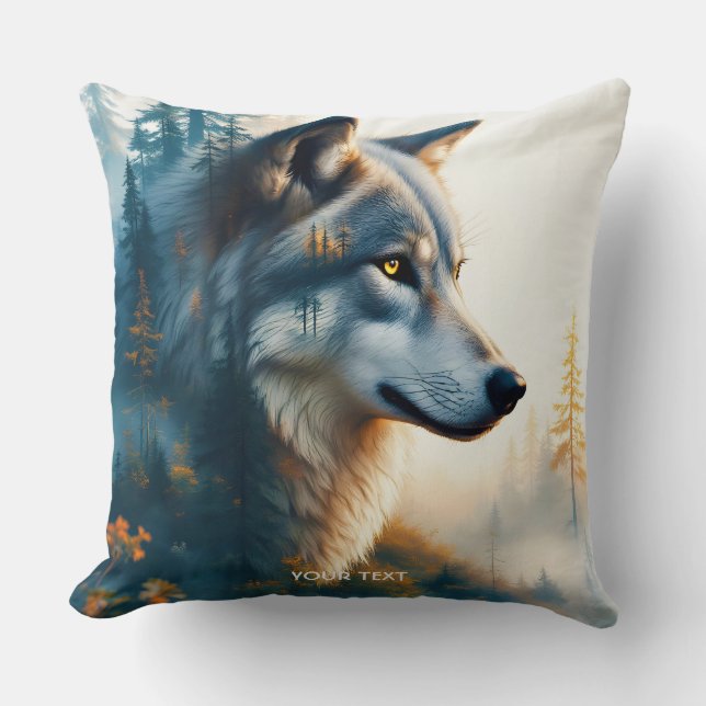 Fantasy Cute Double Exposition Wolf Throw Pillow (Front)
