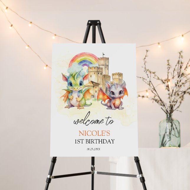 Fantasy Cute Dragon Castle Rainbow Kids Birthday Foam Board (In Situ (Stand))