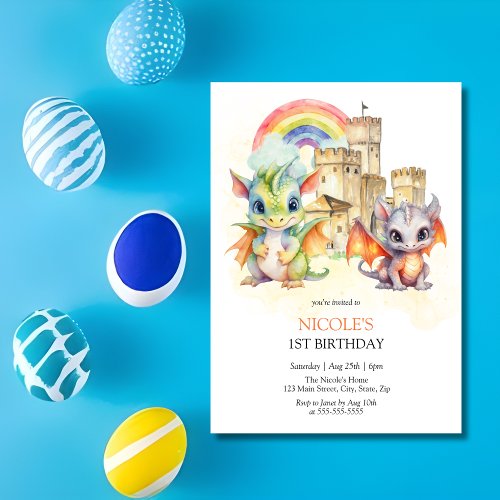 Fantasy Cute Dragon Castle Rainbow Kids Birthday Invitation