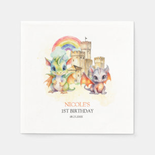 Fantasy Cute Dragon Castle Rainbow Kids Birthday Napkins