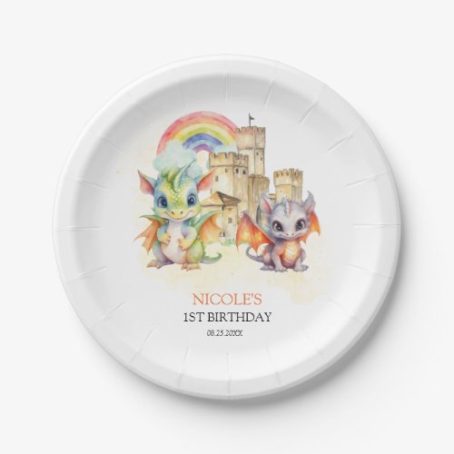 Fantasy Cute Dragon Castle Rainbow Kids Birthday Paper Plates