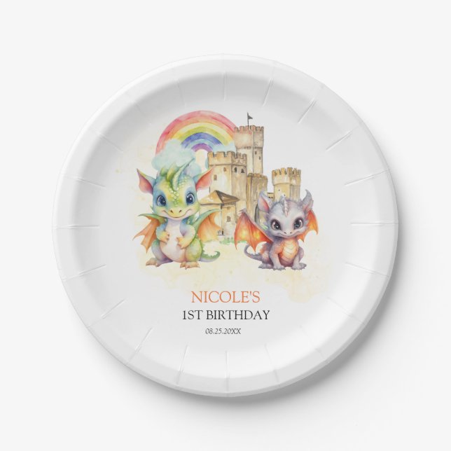 Fantasy Cute Dragon Castle Rainbow Kids Birthday Paper Plates (Front)