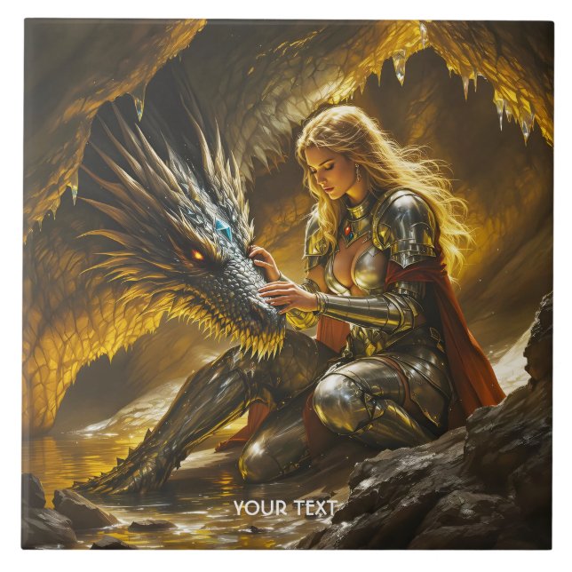 Fantasy Cute Dragon Female Warrior Ceramic Tile (Front)