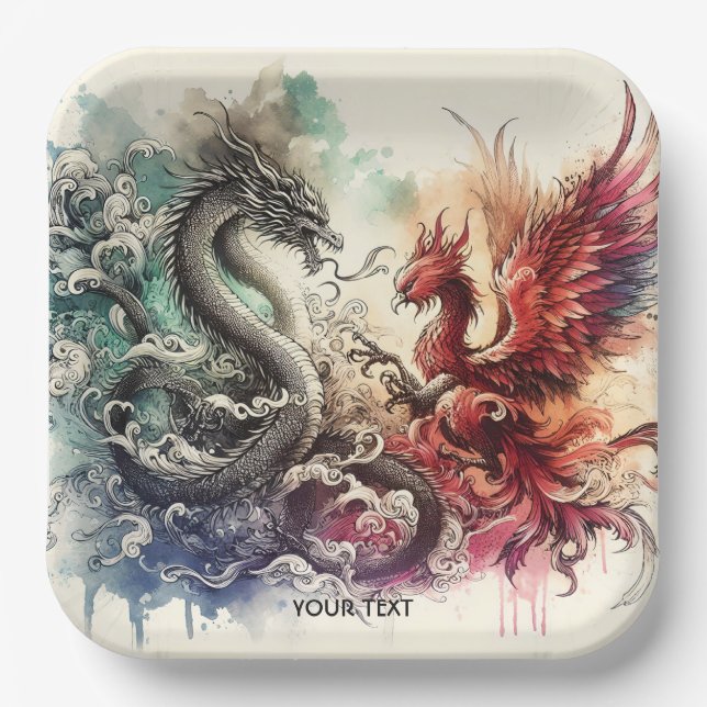 Fantasy Cute Dragon Phoenix Ink Paper Plates (Front)