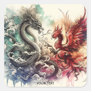 Fantasy Cute Dragon Phoenix Ink Square Sticker