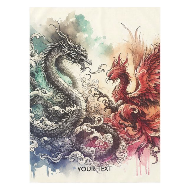 Fantasy Cute Dragon Phoenix Ink Tablecloth (Front)