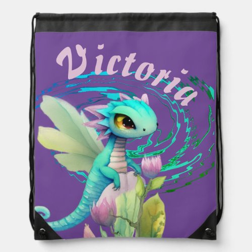Fantasy Cute Dragon with Flower Cartoon Drawstring Bag