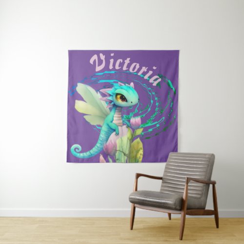 Fantasy Cute Dragon with Flower Cartoon Tapestry