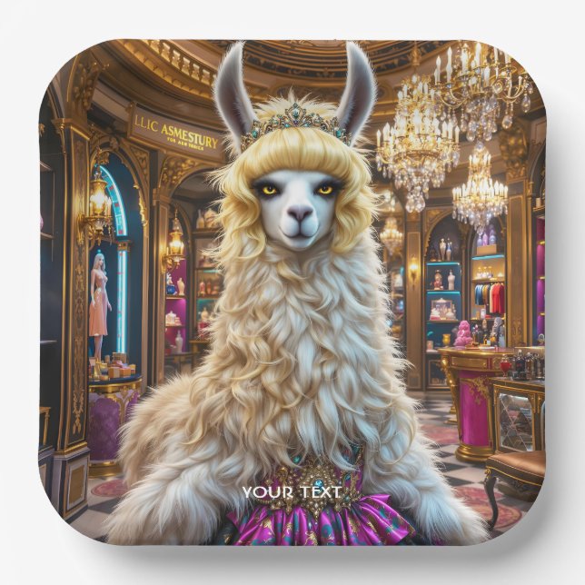 Fantasy Cute Drama Llama Queen Paper Plates (Front)