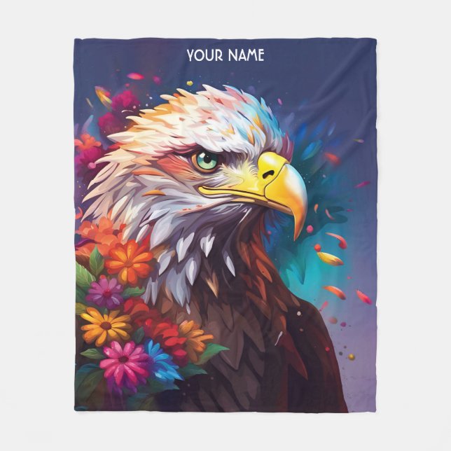 Fantasy Cute Eagle With Flowers Fleece Blanket (Front)