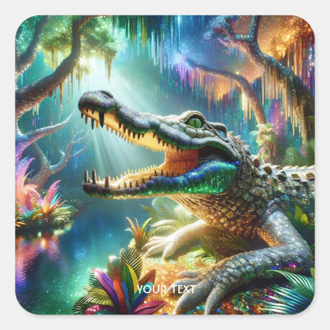 Fantasy Cute Enchanted Crocodile Jungle Square Sticker (Front)