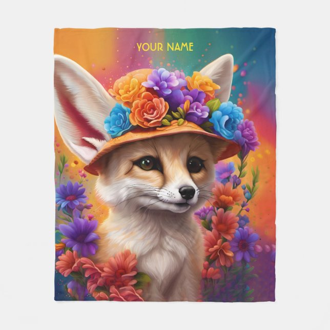 Fantasy Cute Fennec Fox Flowers Fleece Blanket (Front)
