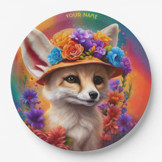 Fantasy Cute Fennec Fox Flowers Paper Plates