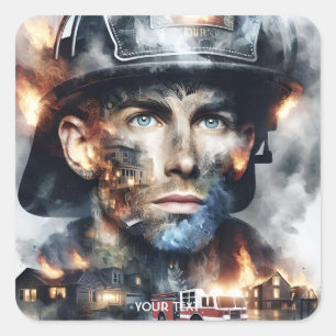 Fantasy Cute Firefighter Fighting Fire Square Sticker