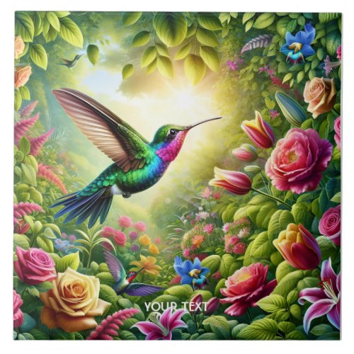 Fantasy Cute Flowers Rainbow Hummingbird Ceramic Tile