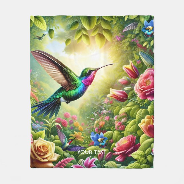 Fantasy Cute Flowers Rainbow Hummingbird Fleece Blanket (Front)