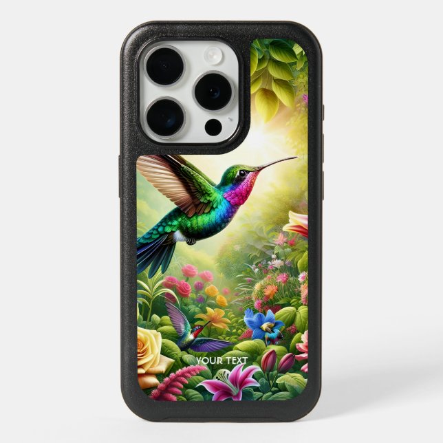 Fantasy Cute Flowers Rainbow Hummingbird iPhone 15 Pro Case (Back)