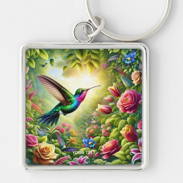 Fantasy Cute Flowers Rainbow Hummingbird Keychain (Front)