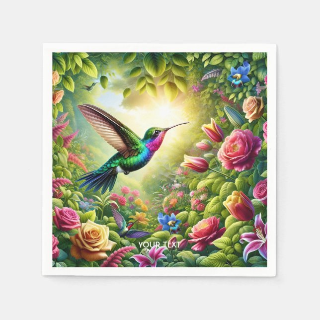 Fantasy Cute Flowers Rainbow Hummingbird Napkins (Front)