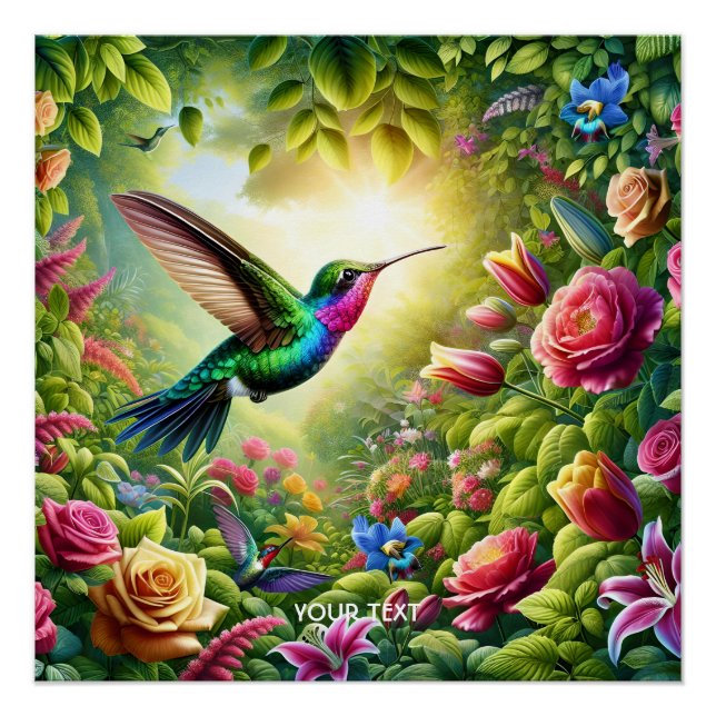 Fantasy Cute Flowers Rainbow Hummingbird Poster (Front)
