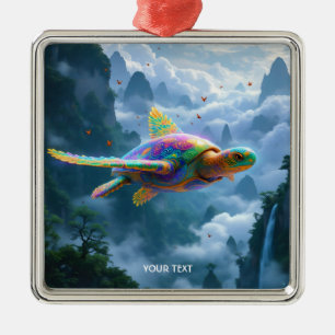 Fantasy Cute Flying Rainbow Turtle Metal Ornament