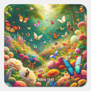 Fantasy Cute Forest Flowers Butterflies Square Sticker