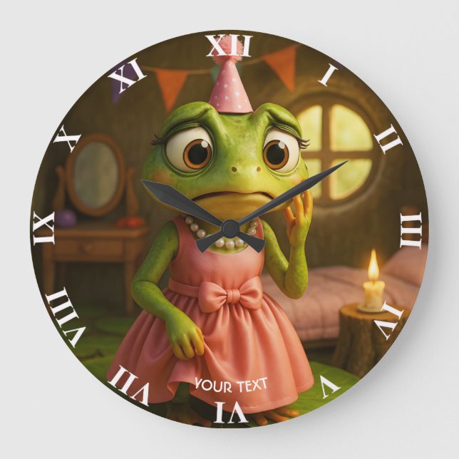 Fantasy Cute Frog Girl Party Large Clock (Front)