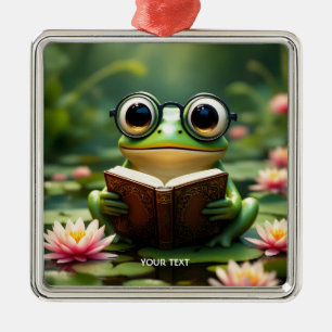 Fantasy Cute Frog Glasses Book Metal Ornament