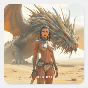 Fantasy Cute Girl Dragon Desert Square Sticker