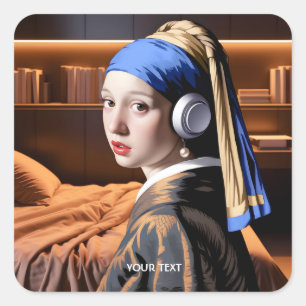 Fantasy Cute Girl Pearl Headphones Square Sticker