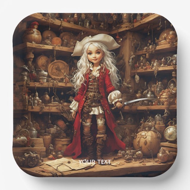 Fantasy Cute Girl Pirate Hat Paper Plates (Front)
