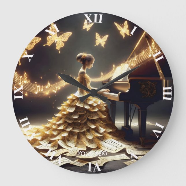 Fantasy Cute  Girl Playing Piano Large Clock (Front)