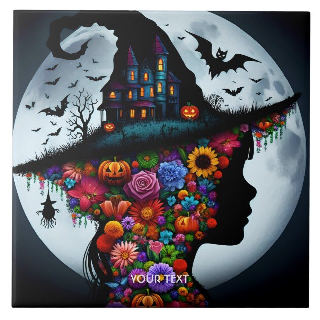 Fantasy Cute Girl Witch Halloween Ceramic Tile (Front)
