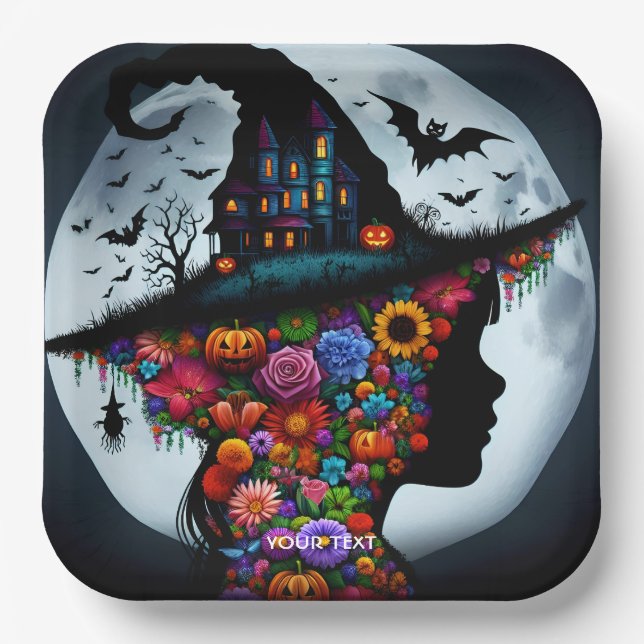 Fantasy Cute Girl Witch Halloween Paper Plates (Front)