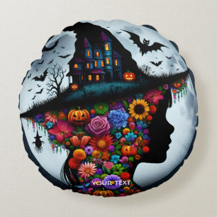 Fantasy Cute Girl Witch Halloween Round Pillow